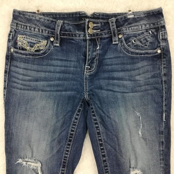 Vigoss Womens Jeans‎ Capri Chelsea Blue Denim Medium Wash Ripped Embroidered 10 - Picture 8 of 14